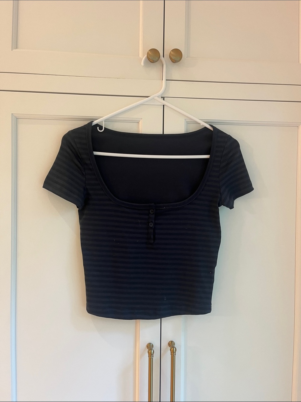 Women’s Blue and Black Striped Scoop Neck Crop Top